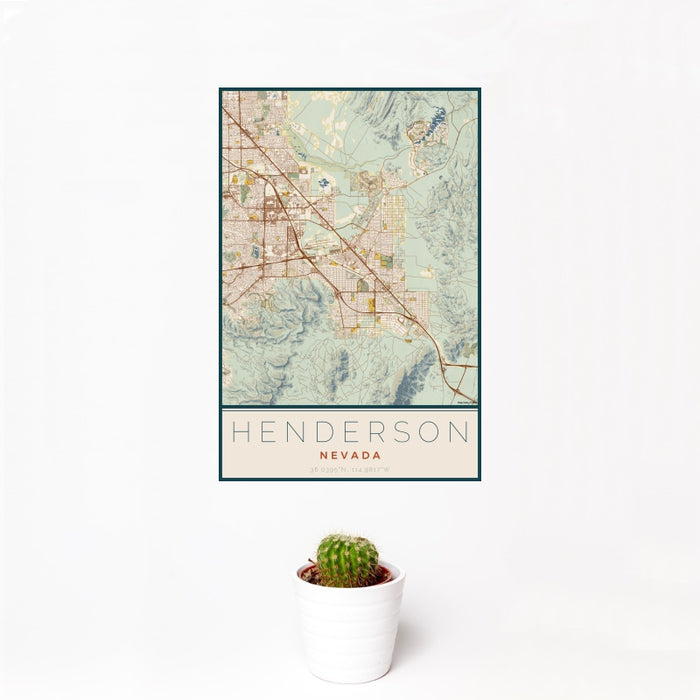 12x18 Henderson Nevada Map Print Portrait Orientation in Woodblock Style With Small Cactus Plant in White Planter