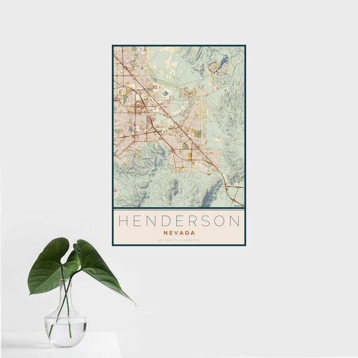 16x24 Henderson Nevada Map Print Portrait Orientation in Woodblock Style With Tropical Plant Leaves in Water