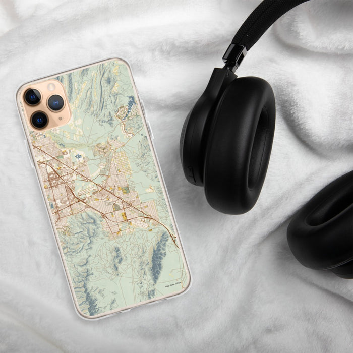 Custom Henderson Nevada Map Phone Case in Woodblock on Table with Black Headphones