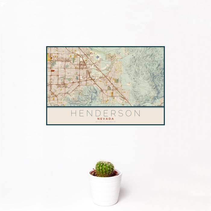 12x18 Henderson Nevada Map Print Landscape Orientation in Woodblock Style With Small Cactus Plant in White Planter