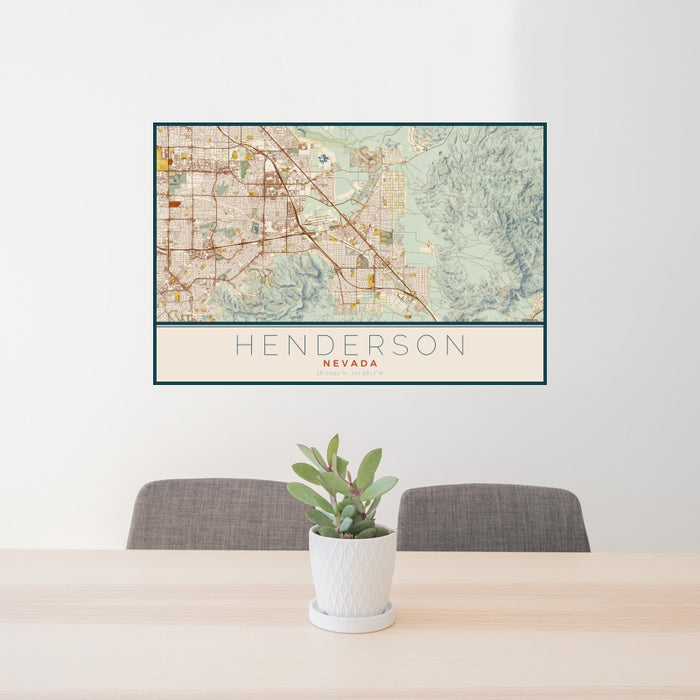 24x36 Henderson Nevada Map Print Landscape Orientation in Woodblock Style Behind 2 Chairs Table and Potted Plant