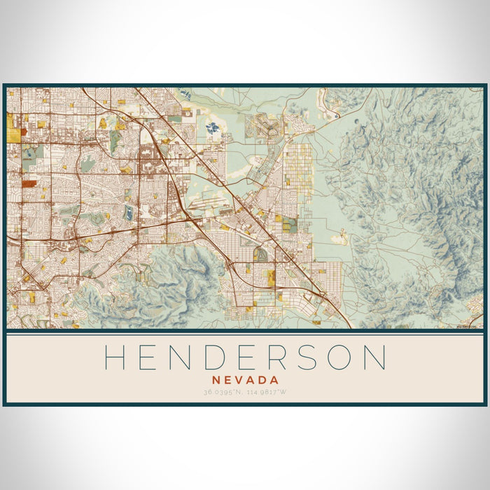 Henderson Nevada Map Print Landscape Orientation in Woodblock Style With Shaded Background