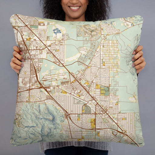 Person holding 22x22 Custom Henderson Nevada Map Throw Pillow in Woodblock