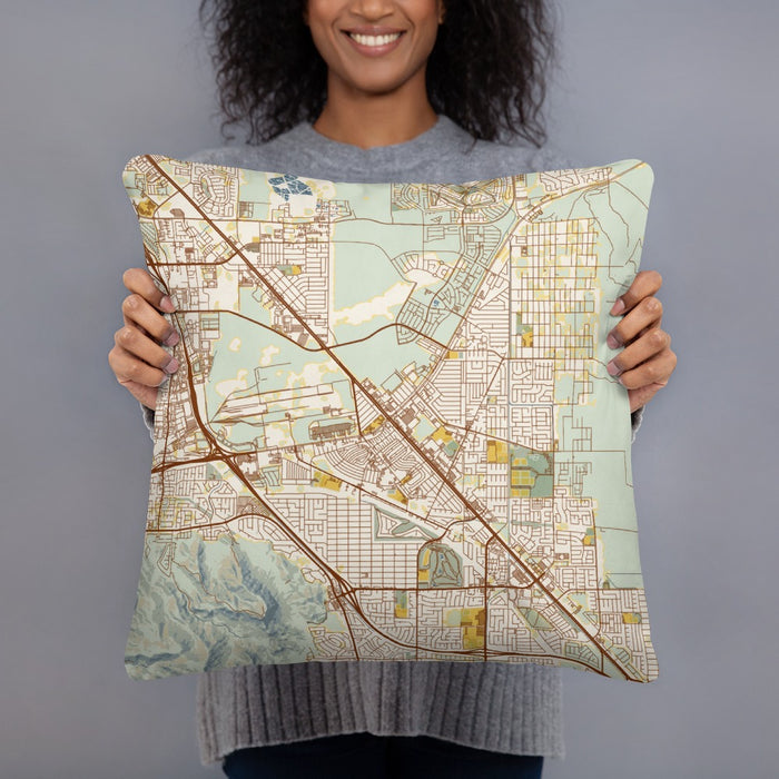Person holding 18x18 Custom Henderson Nevada Map Throw Pillow in Woodblock