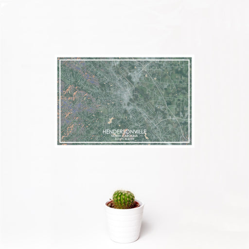 12x18 Hendersonville North Carolina Map Print Landscape Orientation in Afternoon Style With Small Cactus Plant in White Planter