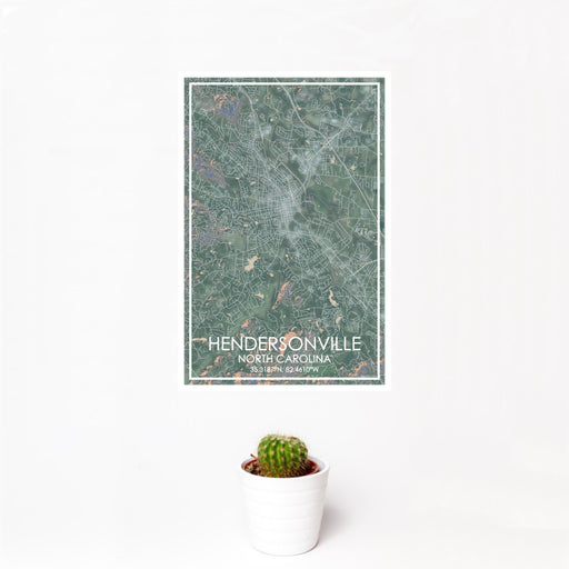 12x18 Hendersonville North Carolina Map Print Portrait Orientation in Afternoon Style With Small Cactus Plant in White Planter