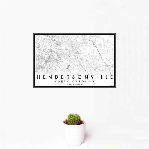 12x18 Hendersonville North Carolina Map Print Landscape Orientation in Classic Style With Small Cactus Plant in White Planter