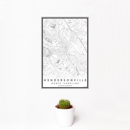 12x18 Hendersonville North Carolina Map Print Portrait Orientation in Classic Style With Small Cactus Plant in White Planter