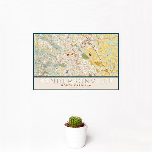 12x18 Hendersonville North Carolina Map Print Landscape Orientation in Woodblock Style With Small Cactus Plant in White Planter