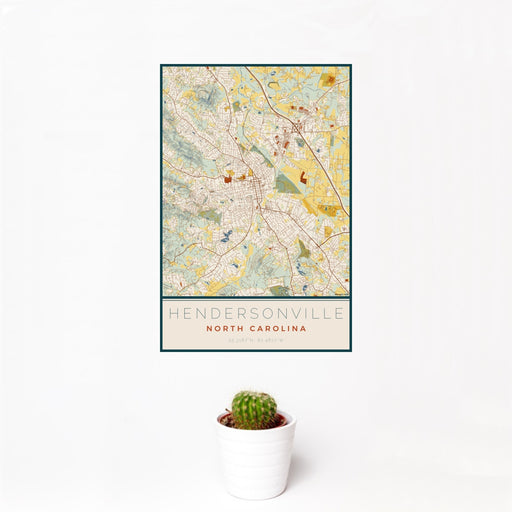 12x18 Hendersonville North Carolina Map Print Portrait Orientation in Woodblock Style With Small Cactus Plant in White Planter