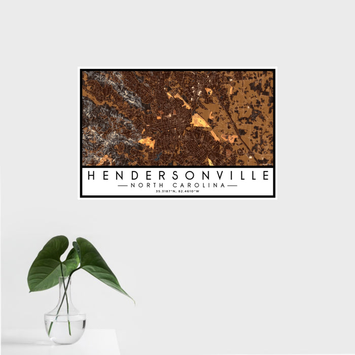 16x24 Hendersonville North Carolina Map Print Landscape Orientation in Ember Style With Tropical Plant Leaves in Water