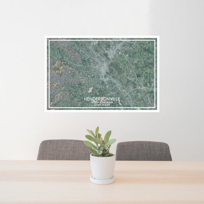 24x36 Hendersonville North Carolina Map Print Lanscape Orientation in Afternoon Style Behind 2 Chairs Table and Potted Plant