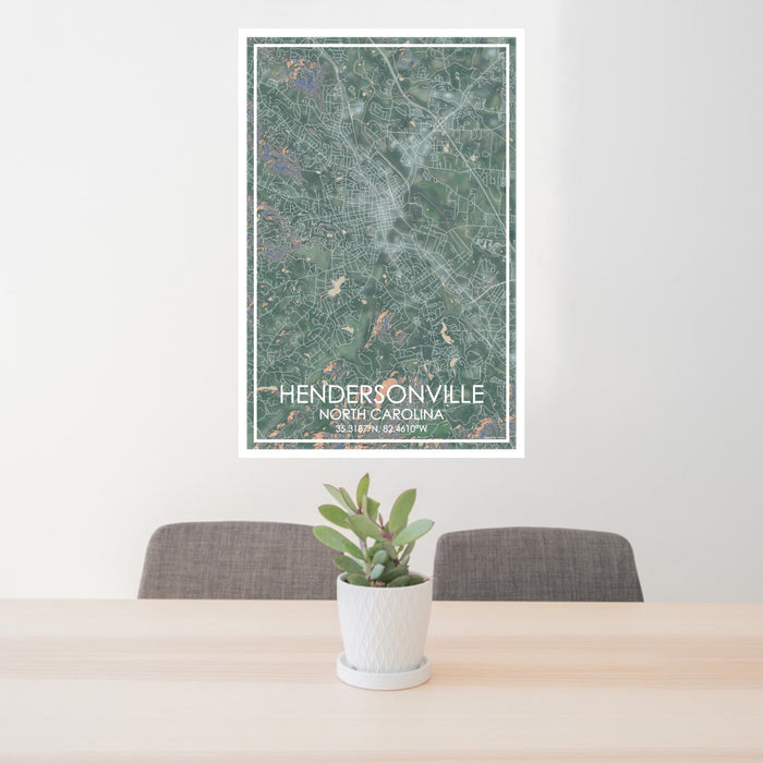 24x36 Hendersonville North Carolina Map Print Portrait Orientation in Afternoon Style Behind 2 Chairs Table and Potted Plant
