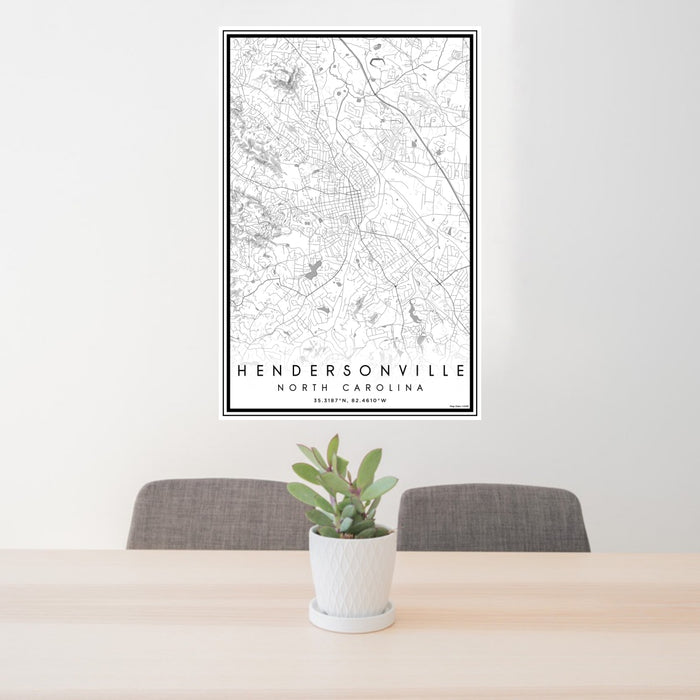 24x36 Hendersonville North Carolina Map Print Portrait Orientation in Classic Style Behind 2 Chairs Table and Potted Plant