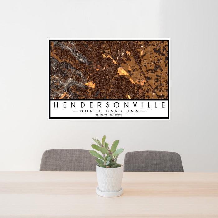 24x36 Hendersonville North Carolina Map Print Lanscape Orientation in Ember Style Behind 2 Chairs Table and Potted Plant