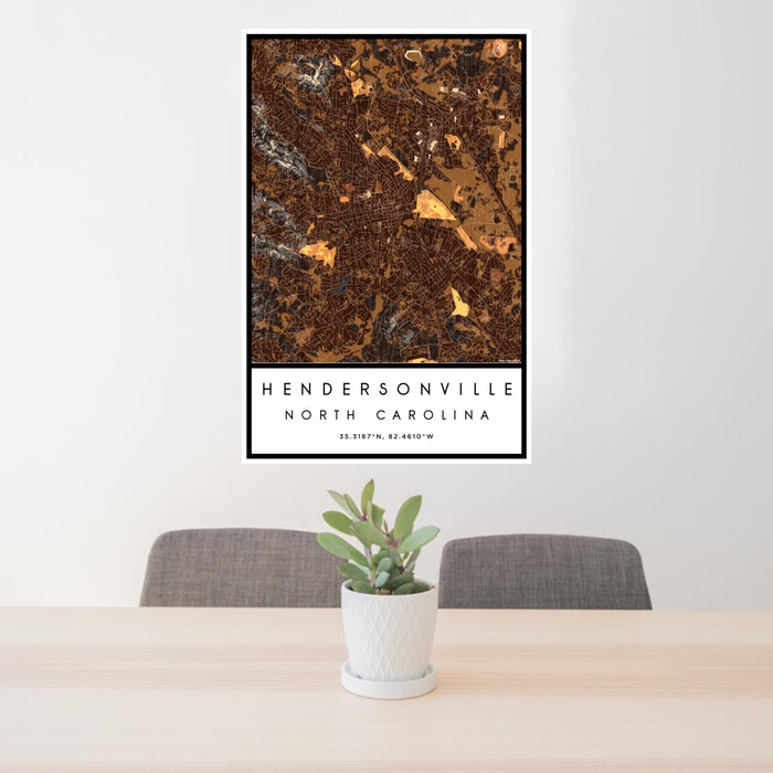 24x36 Hendersonville North Carolina Map Print Portrait Orientation in Ember Style Behind 2 Chairs Table and Potted Plant