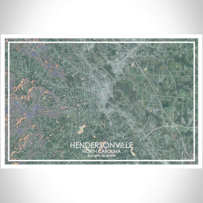 Hendersonville North Carolina Map Print Landscape Orientation in Afternoon Style With Shaded Background