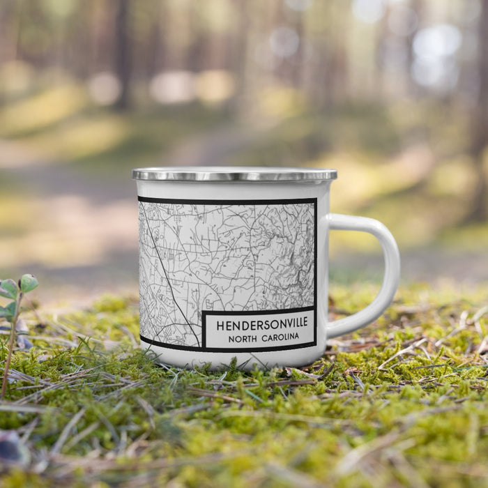 Right View Custom Hendersonville North Carolina Map Enamel Mug in Classic on Grass With Trees in Background