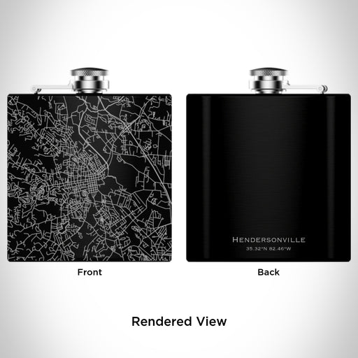 Rendered View of Hendersonville North Carolina Map Engraving on 6oz Stainless Steel Flask in Black