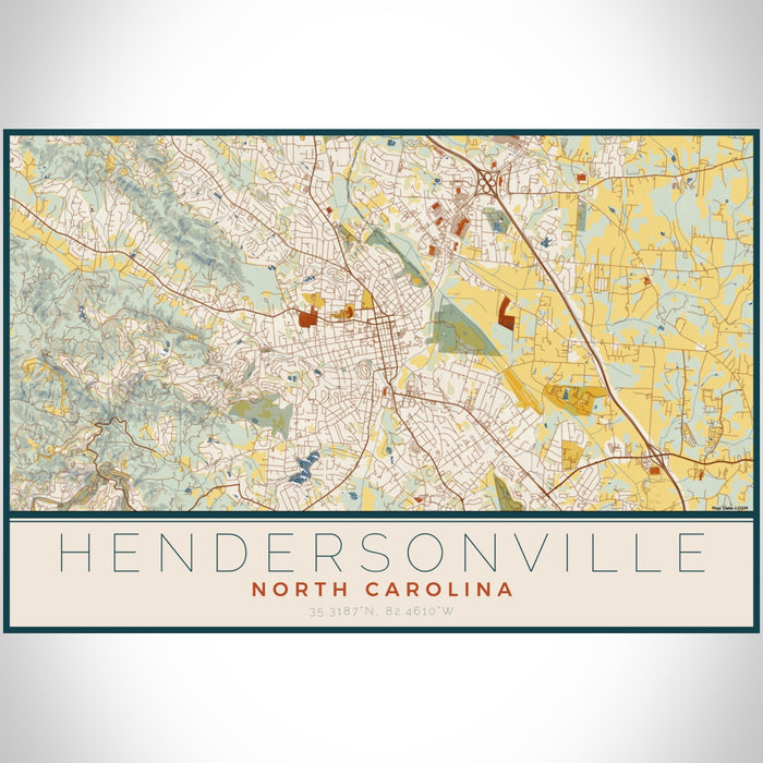 Hendersonville North Carolina Map Print Landscape Orientation in Woodblock Style With Shaded Background
