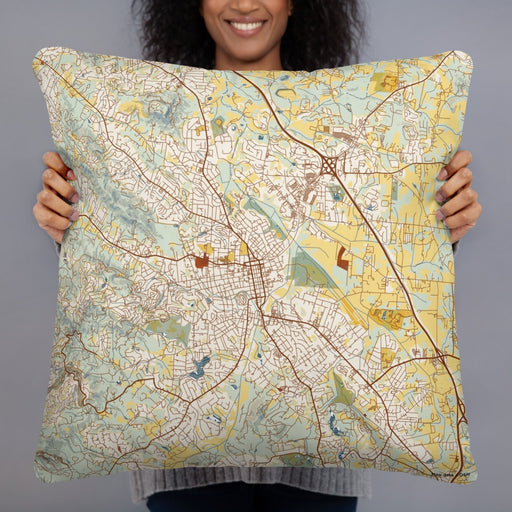Person holding 22x22 Custom Hendersonville North Carolina Map Throw Pillow in Woodblock