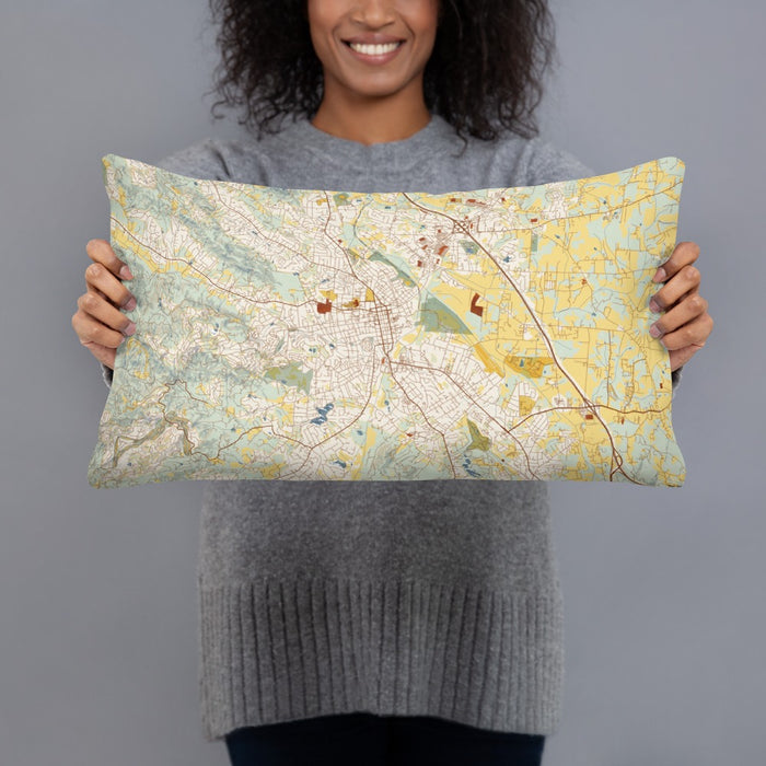 Person holding 20x12 Custom Hendersonville North Carolina Map Throw Pillow in Woodblock