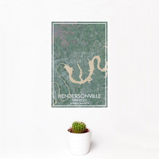 12x18 Hendersonville Tennessee Map Print Portrait Orientation in Afternoon Style With Small Cactus Plant in White Planter
