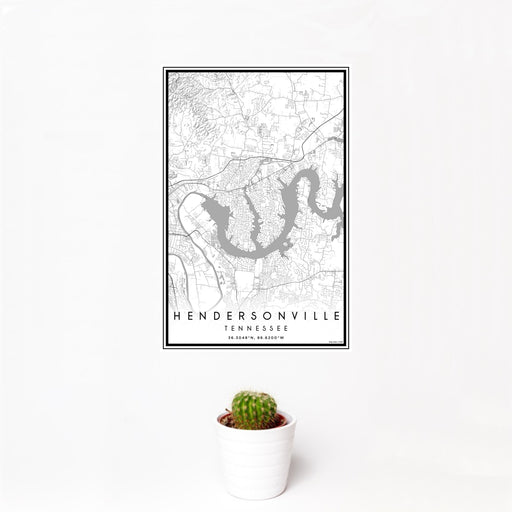 12x18 Hendersonville Tennessee Map Print Portrait Orientation in Classic Style With Small Cactus Plant in White Planter