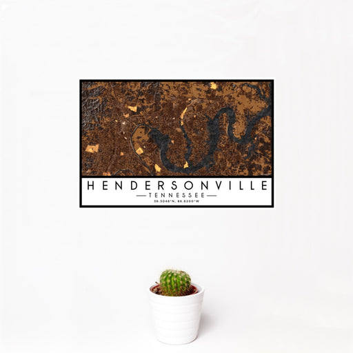 12x18 Hendersonville Tennessee Map Print Landscape Orientation in Ember Style With Small Cactus Plant in White Planter