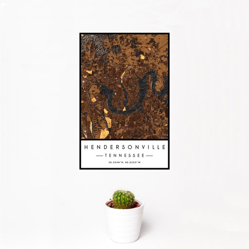 12x18 Hendersonville Tennessee Map Print Portrait Orientation in Ember Style With Small Cactus Plant in White Planter