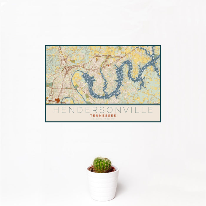 12x18 Hendersonville Tennessee Map Print Landscape Orientation in Woodblock Style With Small Cactus Plant in White Planter