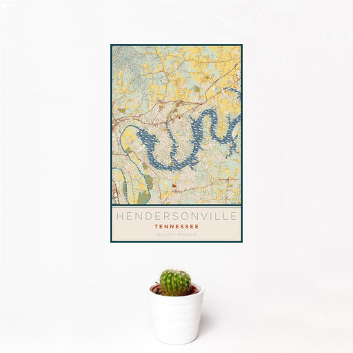 12x18 Hendersonville Tennessee Map Print Portrait Orientation in Woodblock Style With Small Cactus Plant in White Planter