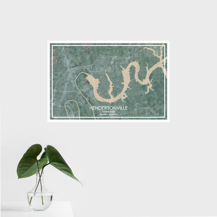 16x24 Hendersonville Tennessee Map Print Landscape Orientation in Afternoon Style With Tropical Plant Leaves in Water
