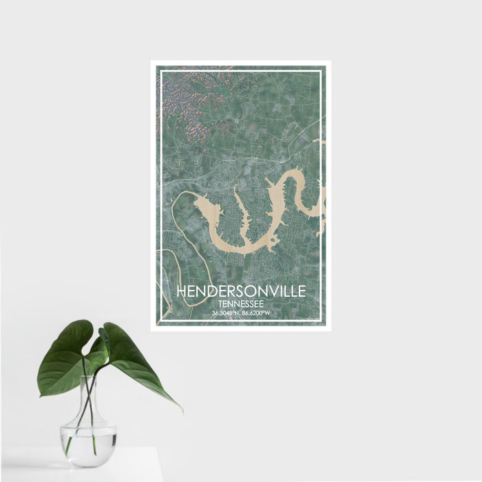 16x24 Hendersonville Tennessee Map Print Portrait Orientation in Afternoon Style With Tropical Plant Leaves in Water