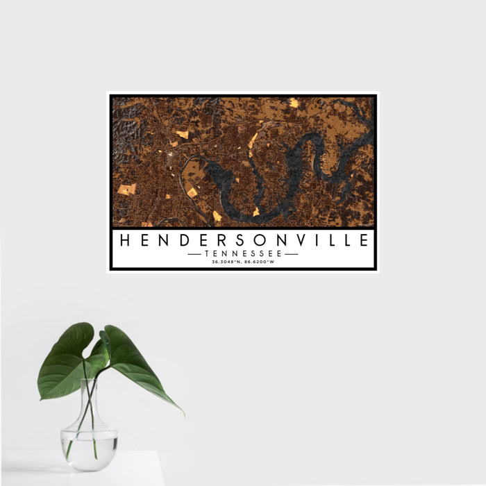 16x24 Hendersonville Tennessee Map Print Landscape Orientation in Ember Style With Tropical Plant Leaves in Water