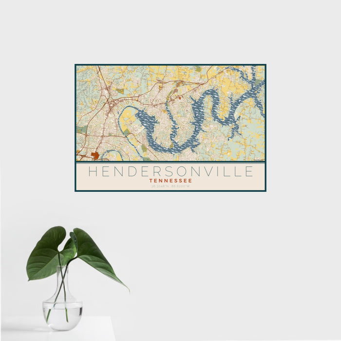 16x24 Hendersonville Tennessee Map Print Landscape Orientation in Woodblock Style With Tropical Plant Leaves in Water