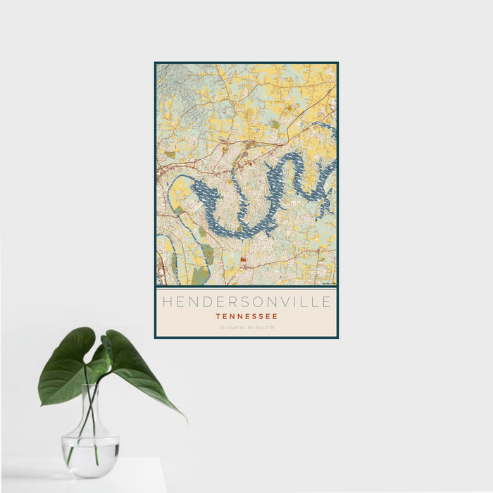 16x24 Hendersonville Tennessee Map Print Portrait Orientation in Woodblock Style With Tropical Plant Leaves in Water