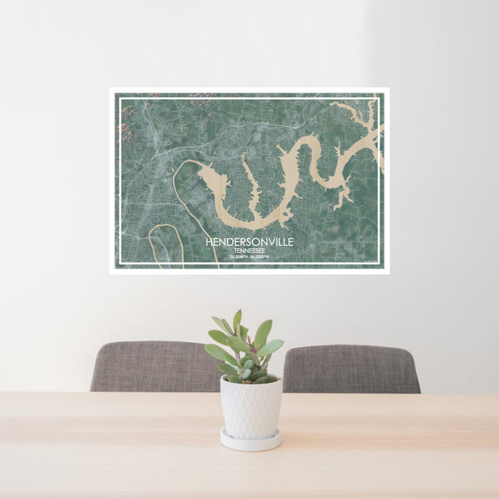 24x36 Hendersonville Tennessee Map Print Lanscape Orientation in Afternoon Style Behind 2 Chairs Table and Potted Plant