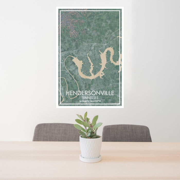 24x36 Hendersonville Tennessee Map Print Portrait Orientation in Afternoon Style Behind 2 Chairs Table and Potted Plant
