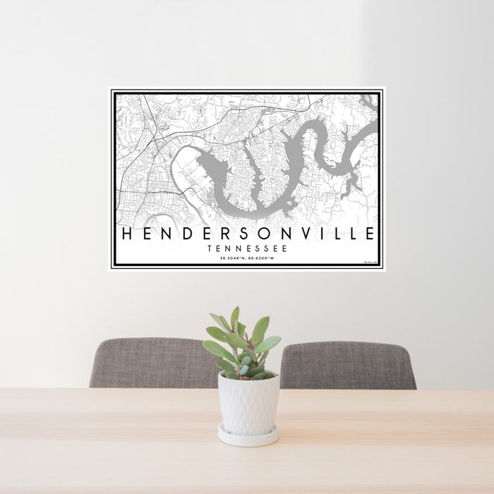 24x36 Hendersonville Tennessee Map Print Lanscape Orientation in Classic Style Behind 2 Chairs Table and Potted Plant