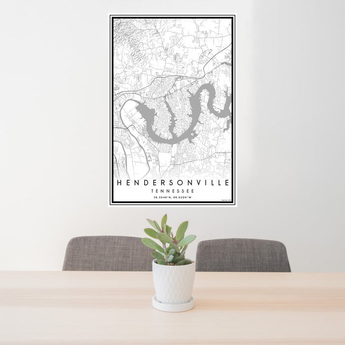 24x36 Hendersonville Tennessee Map Print Portrait Orientation in Classic Style Behind 2 Chairs Table and Potted Plant