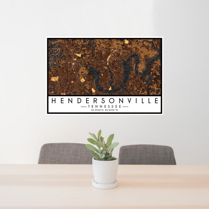 24x36 Hendersonville Tennessee Map Print Lanscape Orientation in Ember Style Behind 2 Chairs Table and Potted Plant