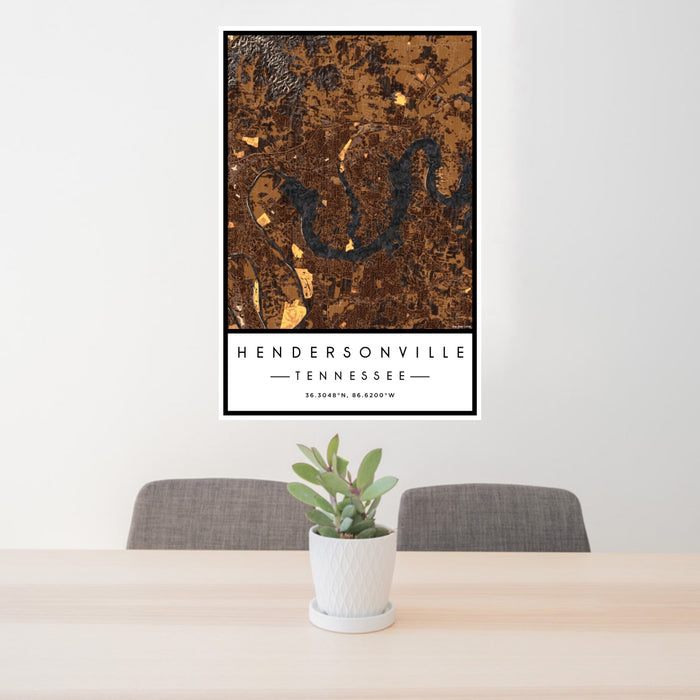 24x36 Hendersonville Tennessee Map Print Portrait Orientation in Ember Style Behind 2 Chairs Table and Potted Plant