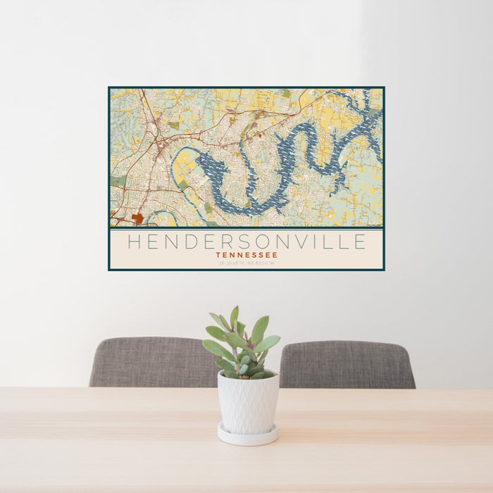 24x36 Hendersonville Tennessee Map Print Lanscape Orientation in Woodblock Style Behind 2 Chairs Table and Potted Plant
