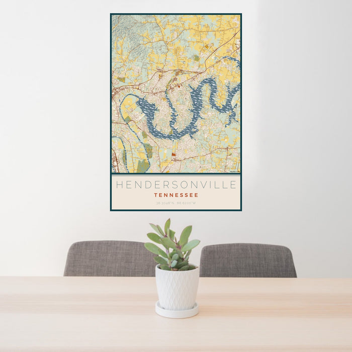 24x36 Hendersonville Tennessee Map Print Portrait Orientation in Woodblock Style Behind 2 Chairs Table and Potted Plant