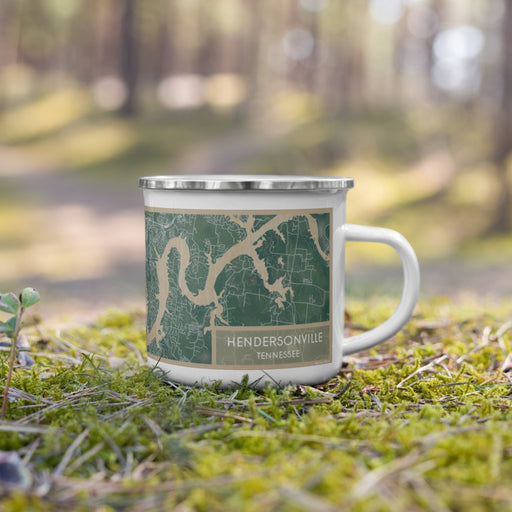 Right View Custom Hendersonville Tennessee Map Enamel Mug in Afternoon on Grass With Trees in Background