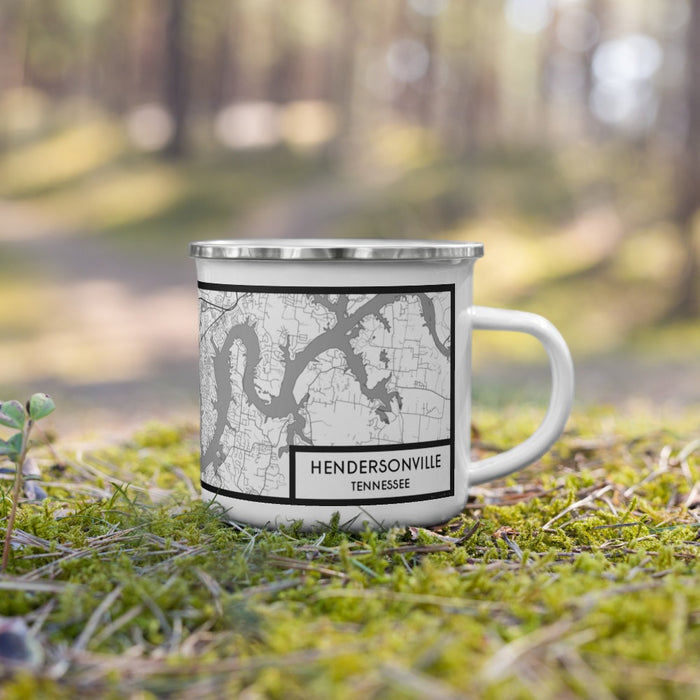 Right View Custom Hendersonville Tennessee Map Enamel Mug in Classic on Grass With Trees in Background