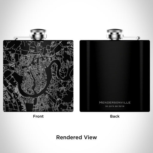 Rendered View of Hendersonville Tennessee Map Engraving on 6oz Stainless Steel Flask in Black