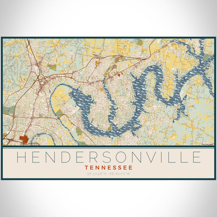 Hendersonville Tennessee Map Print Landscape Orientation in Woodblock Style With Shaded Background