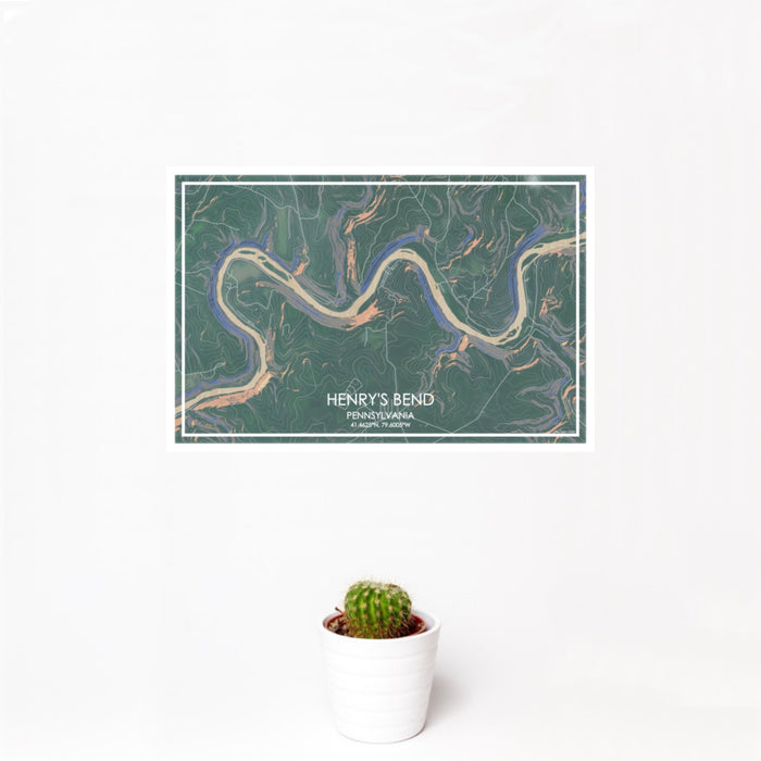 12x18 Henry's Bend Pennsylvania Map Print Landscape Orientation in Afternoon Style With Small Cactus Plant in White Planter
